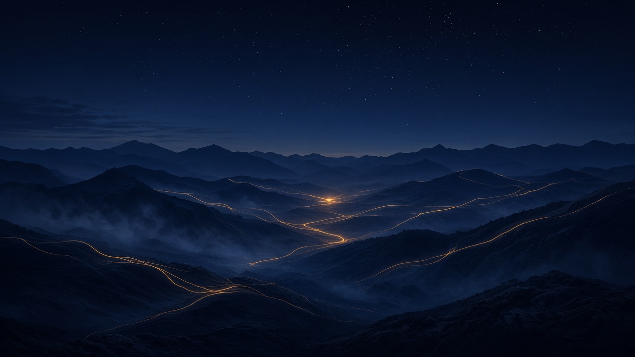 Concept rendering: amber fiber routes tracing through dark Front Range foothills at dusk.