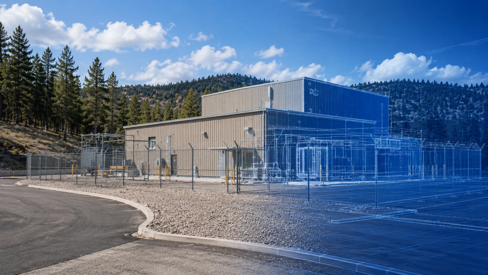 Concept rendering — the existing Larkspur building built out to a Tier III data center.