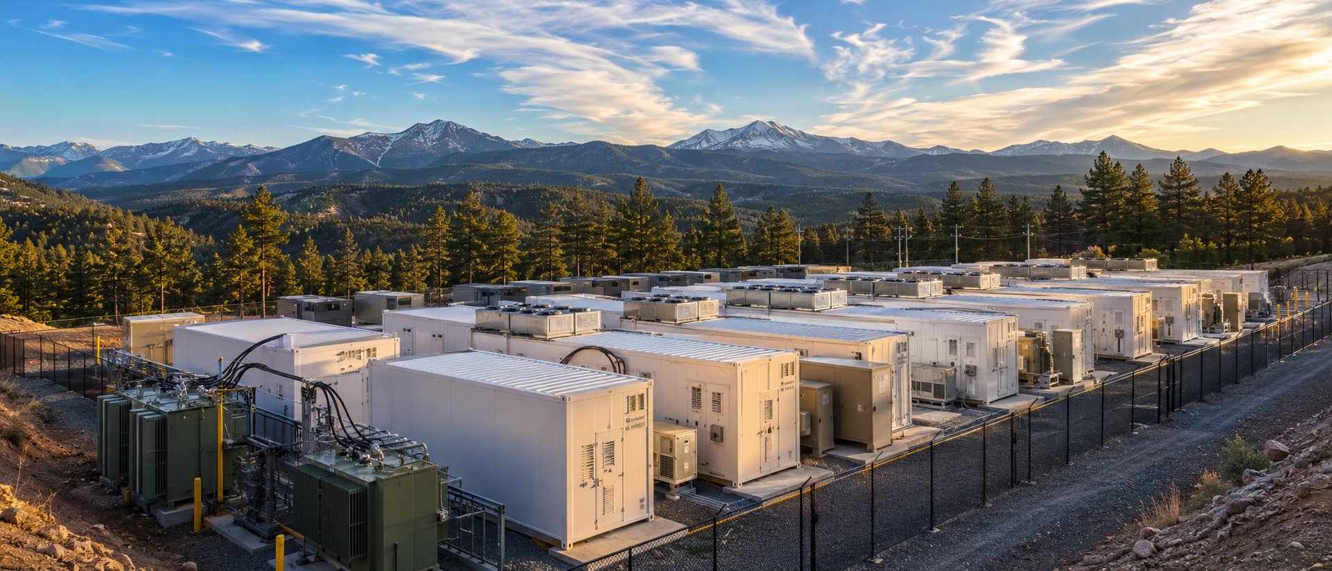 Modular data center containers on Colorado's Front Range with Rocky Mountains behind