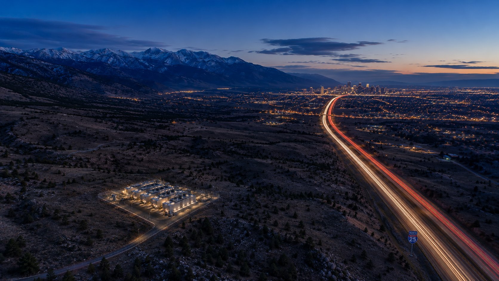 Aerial dusk view of the Front Range site with I-25 light trails toward the Denver skyline