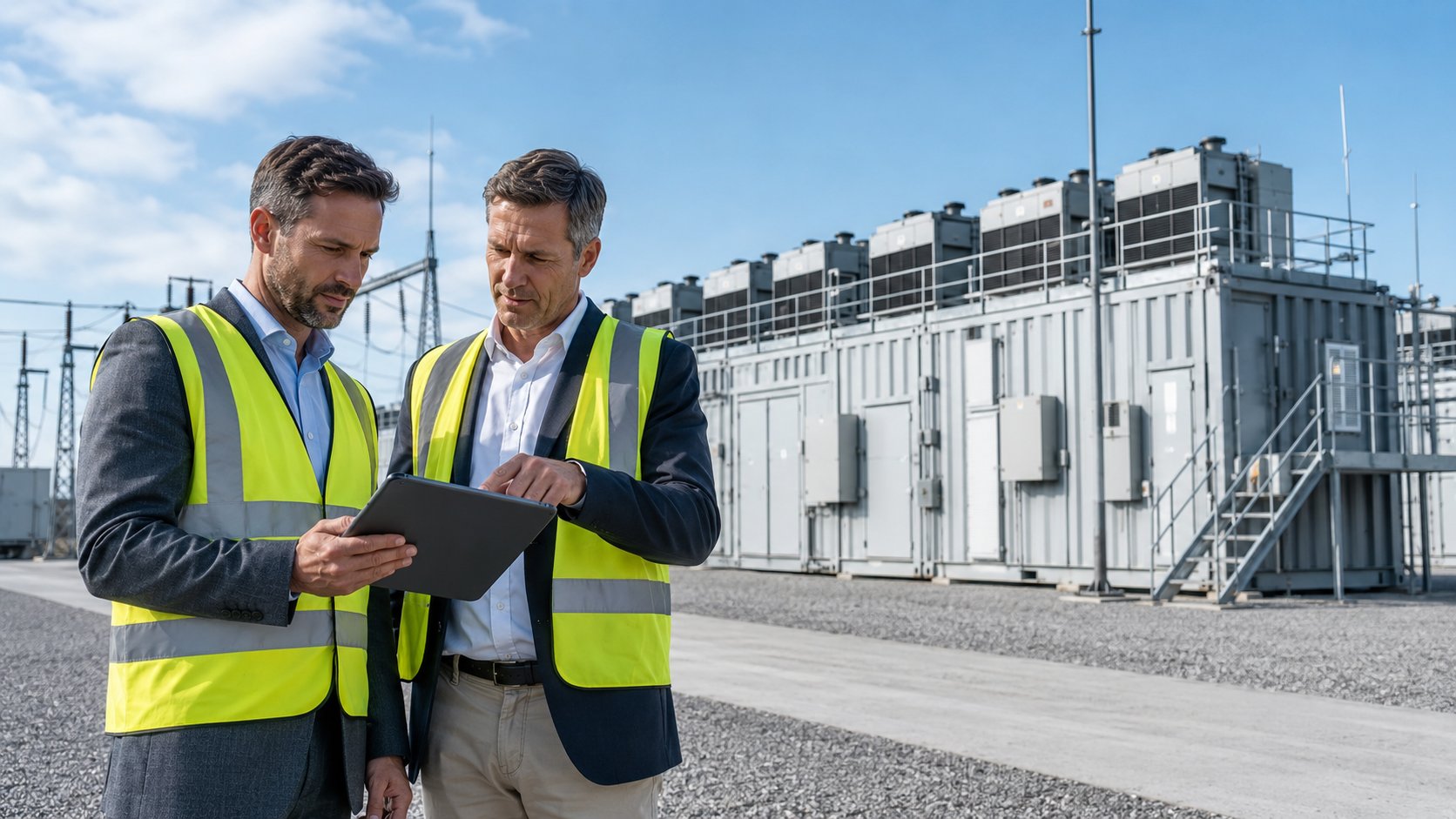 Operators reviewing site plans at a modular data center facility