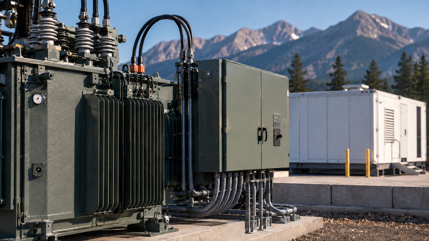 Energized transformer and switchgear at the Front Range site with mountains behind